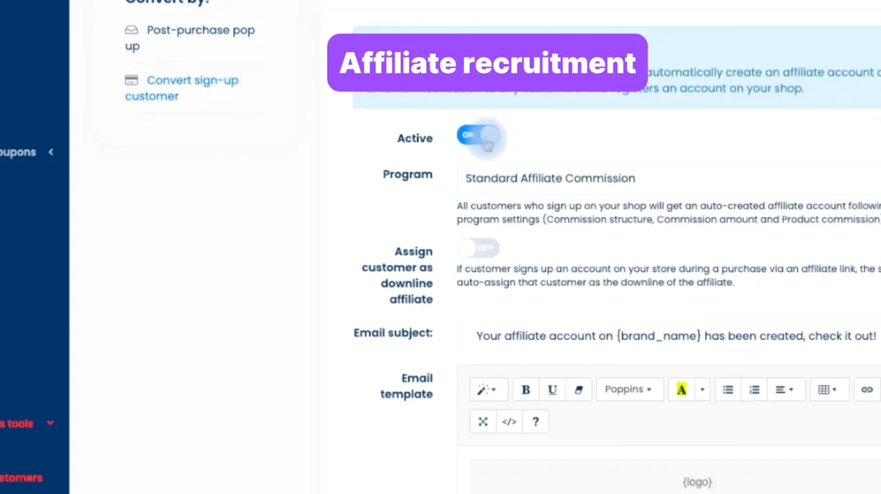 UpPromote app feature simplifying affiliate recruitment with customizable signup forms and automated onboarding for Shopify merchants